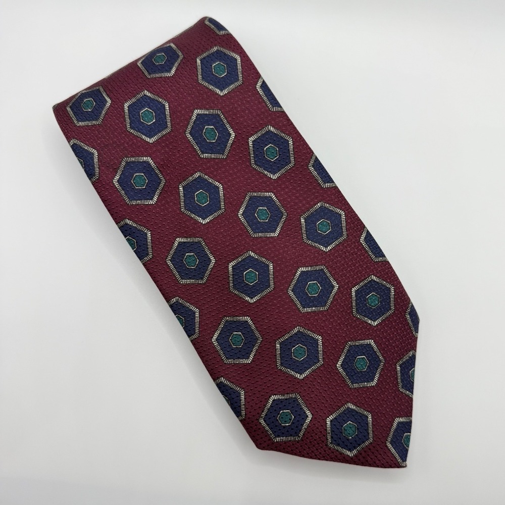 Robert Talbott Silk Tie OS Burgundy Geometric Hexagon Dark Academia Preppy Retro